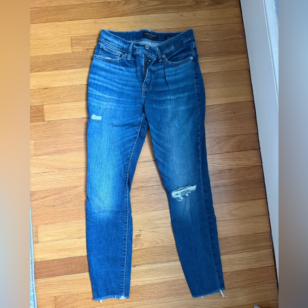 Lucky Brand - Ava Mid Rise Distressed Blue Super Skinny Jeans - ankle length